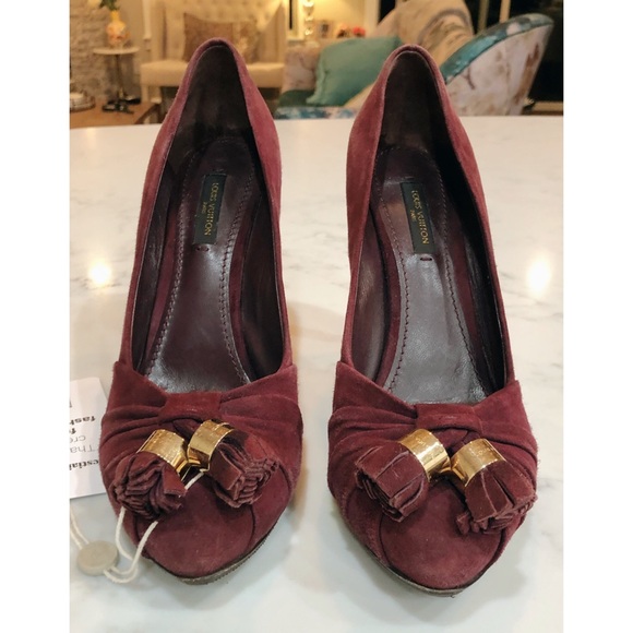 Louis Vuitton Burgundy Suede Leather Knot Confident Tassel Platform Pumps 37.5 - Picture 4 of 17